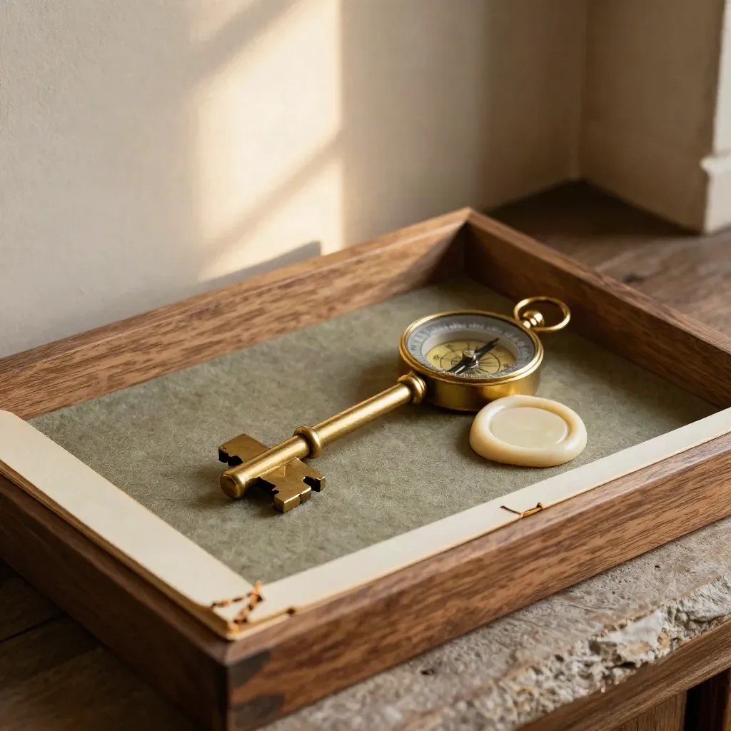 Brass key, wax seal, cream folder corners and compass in a dark oak archive tray.