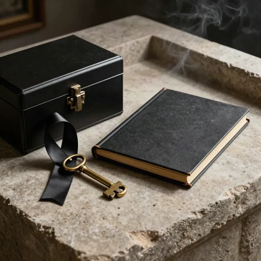 Brass executor key, black mourning ribbon, and closed estate register in a stone niche.