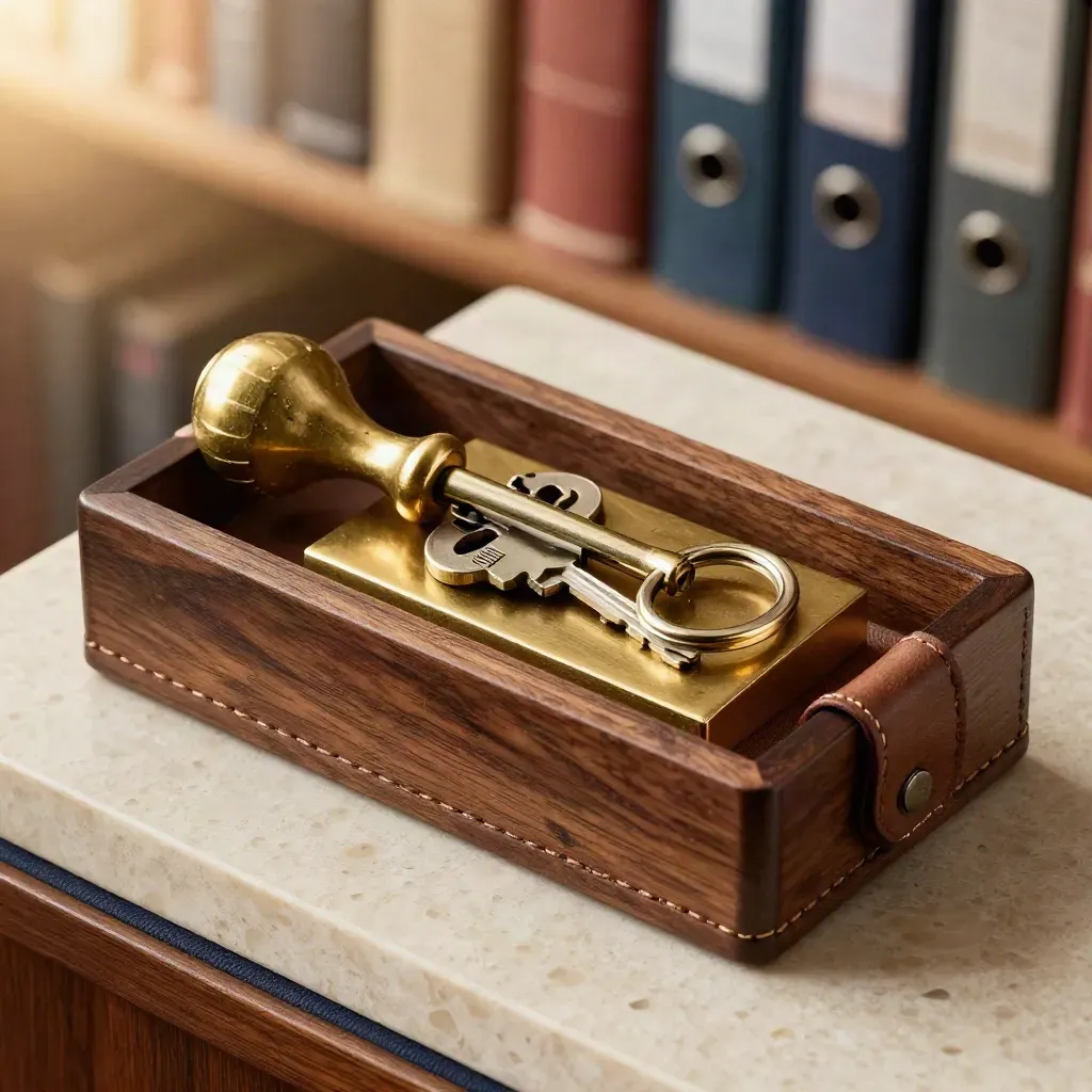Brass seal, keys, and leather archive tabs in a walnut caddy on travertine.