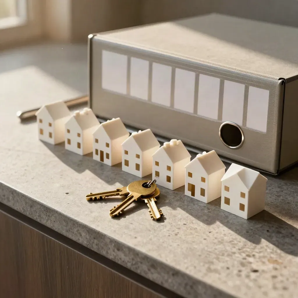 House models, brass keys, and archive box on stone counter for trust review