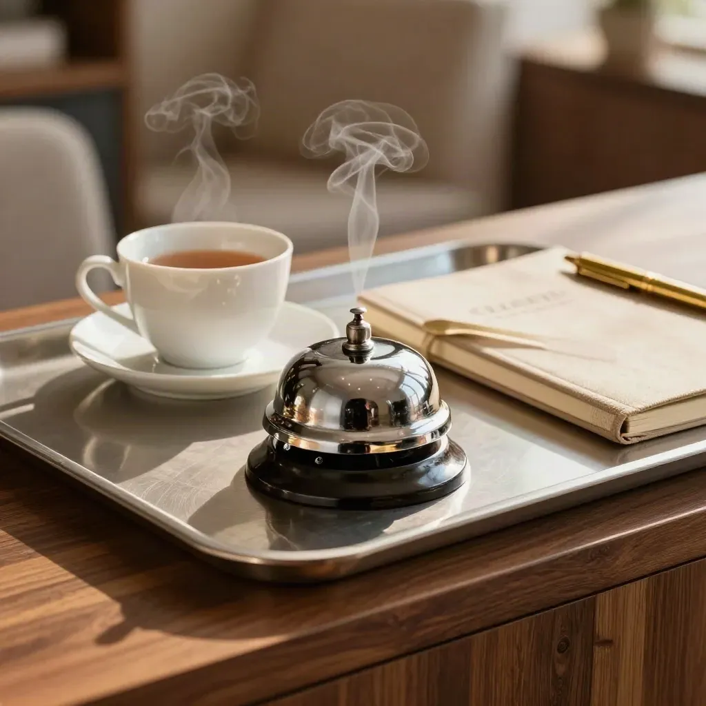 Tea service tray with bell, cup, notebook and brass pen on a hospitality counter