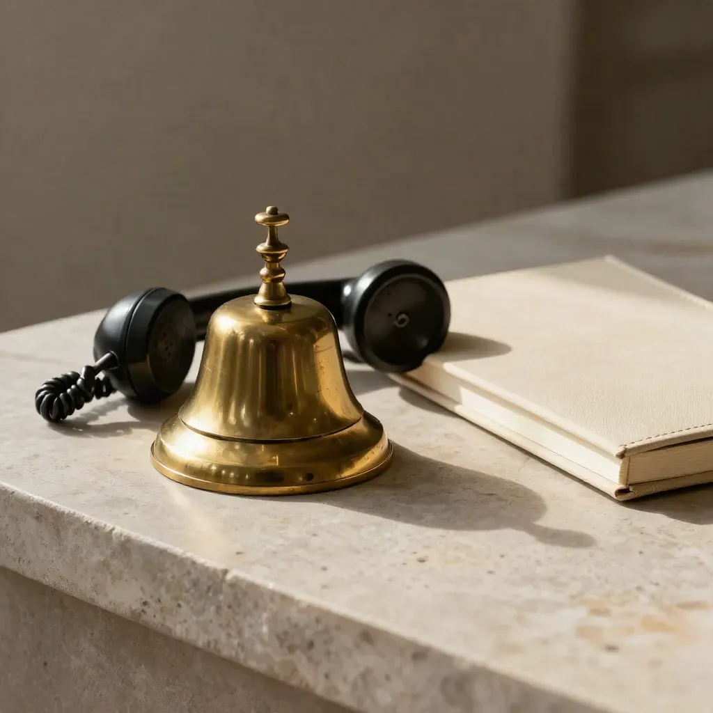 Brass bell, corded handset and closed notebook on pale stone in soft side light.