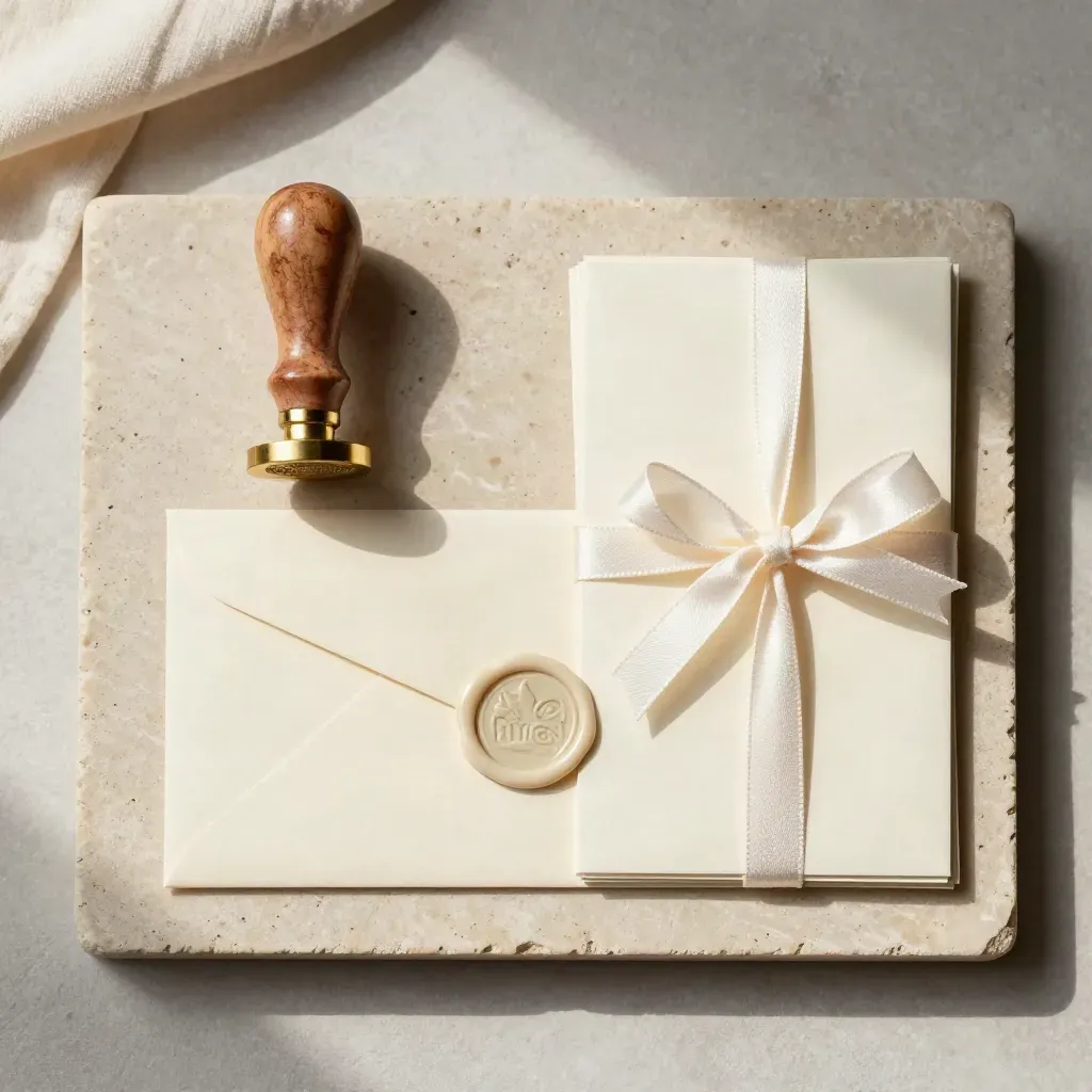 Wax seal stamp, sealed cream envelope and ribboned cards on a limestone tray