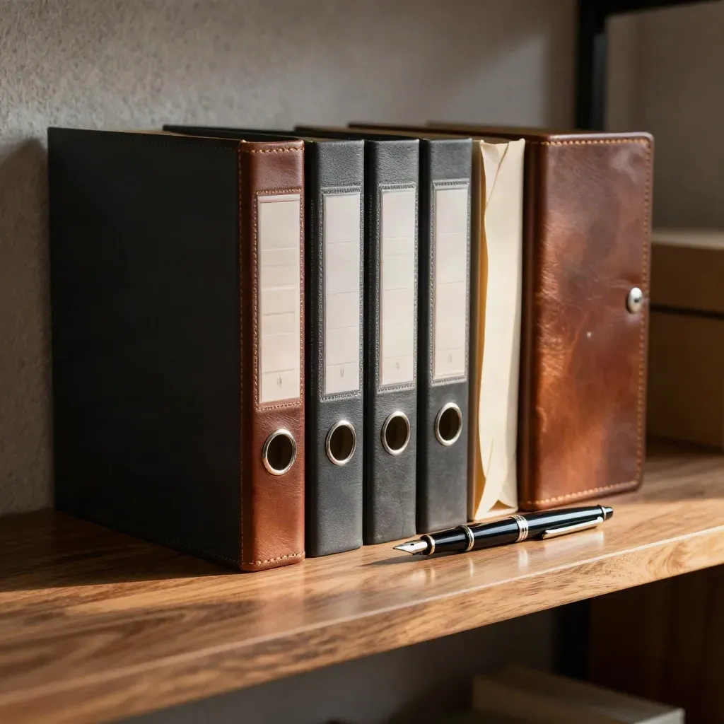 Leather binders, face-down sleeves, and a fountain pen on a walnut shelf in soft side light.