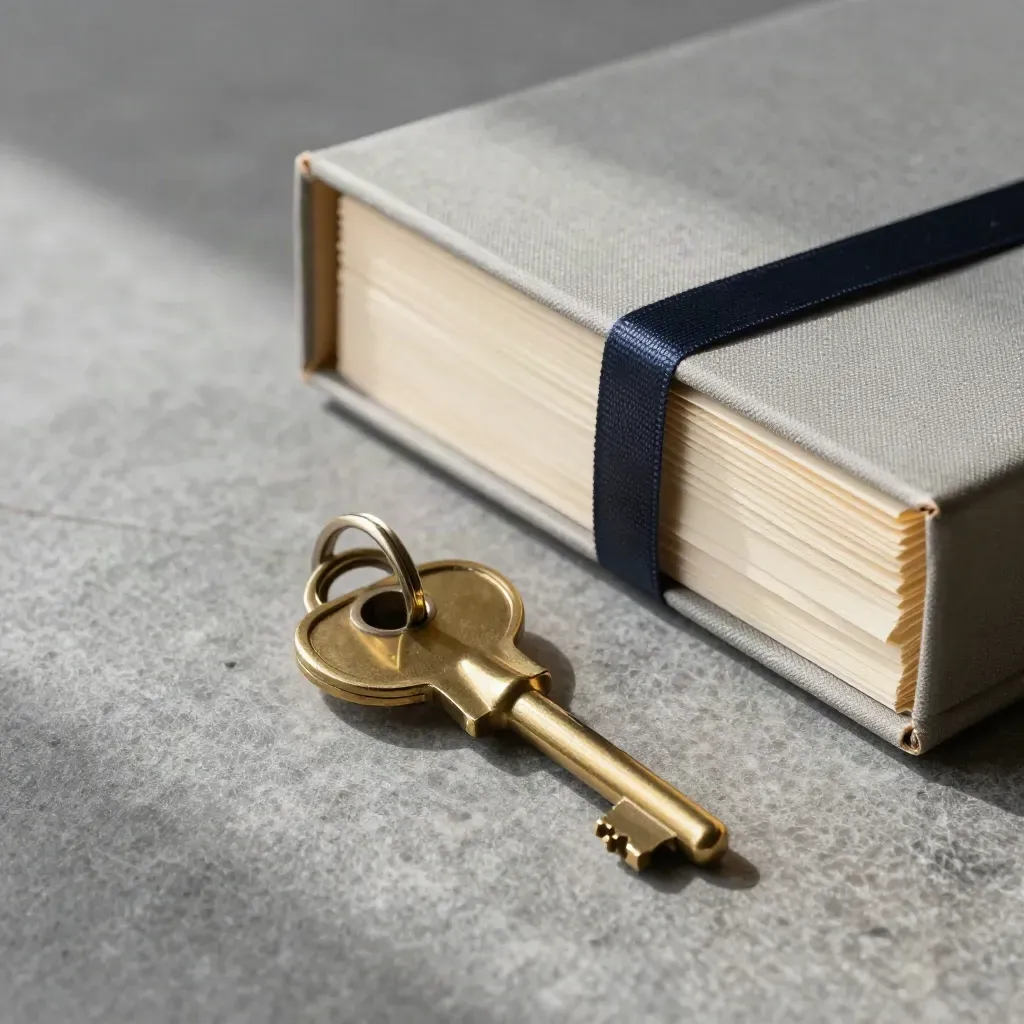 Brass key ring beside an open archival box and blank tabs on stone