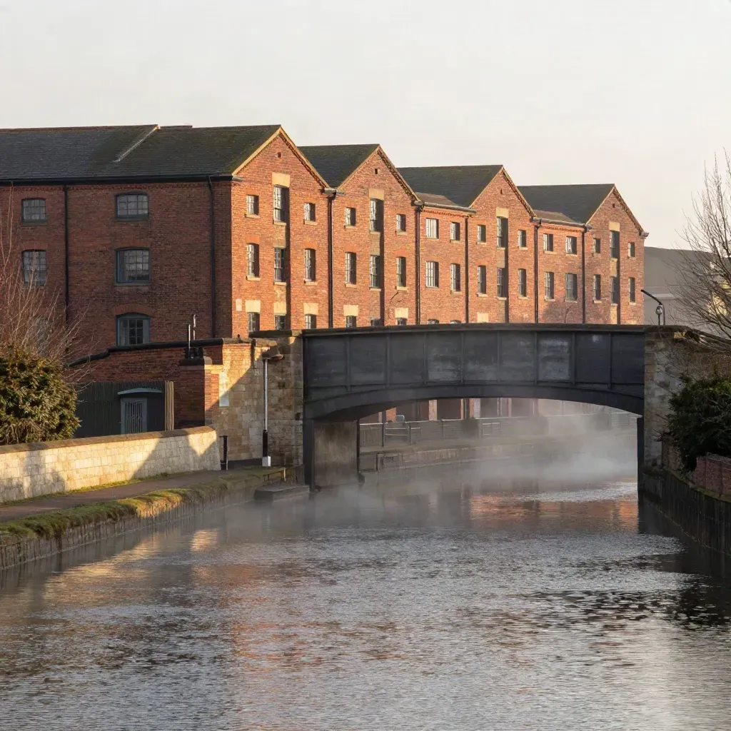 Misty Midlands canal basin with red-brick warehouses and a viaduct above calm water.