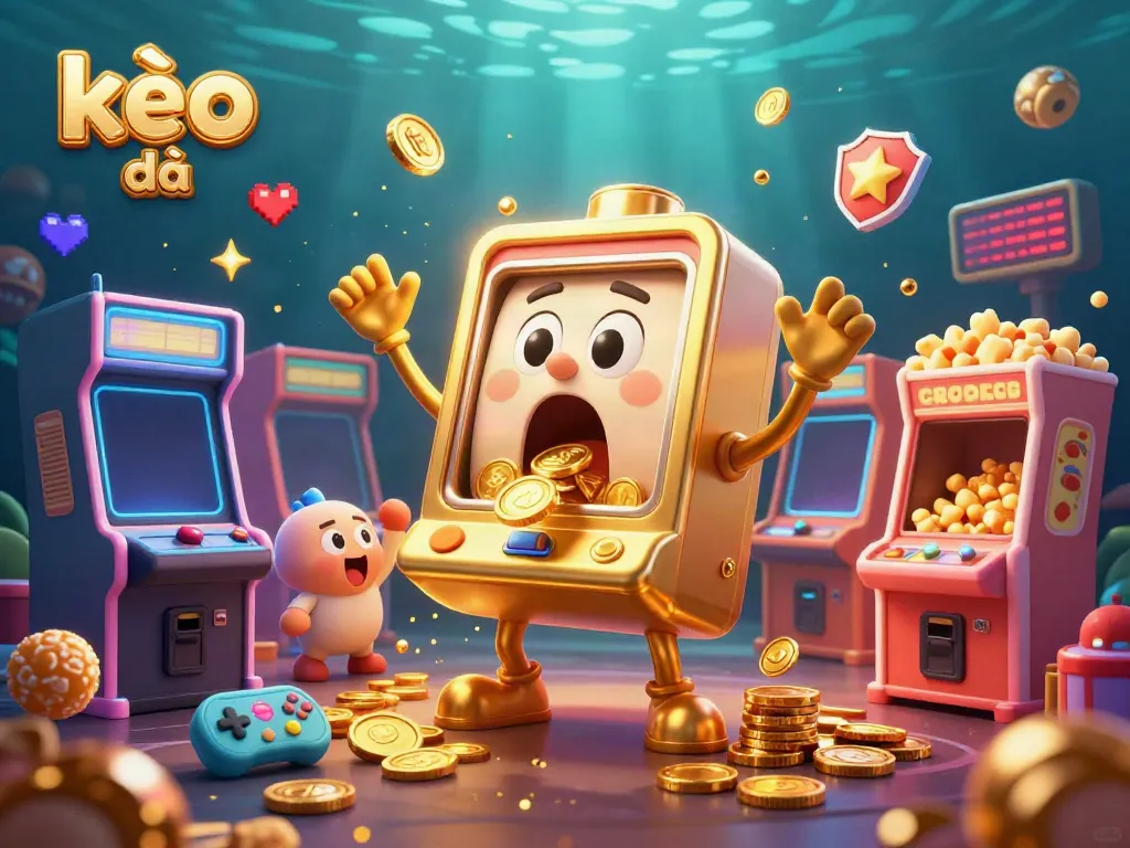 Engage with kèo bóng đá excitement as a golden slot machine hits the jackpot amidst cheering baby machines.