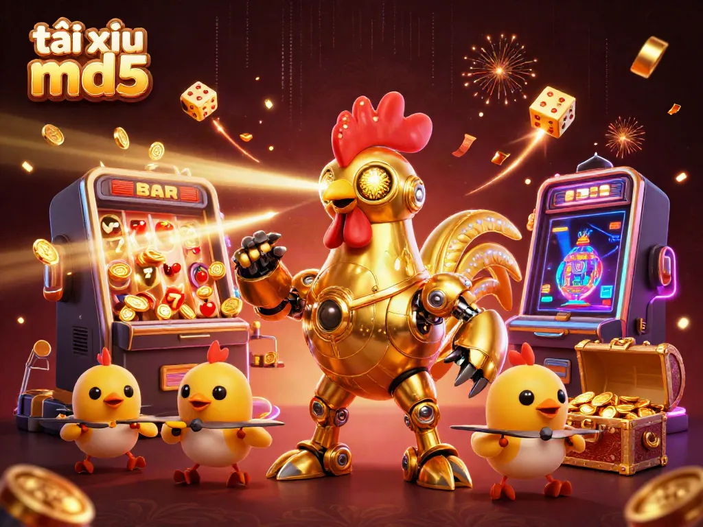 Experience the excitement of tài xỉu md5 with a vibrant, futuristic illustration of a golden rooster robot and dynamic casino elements.
