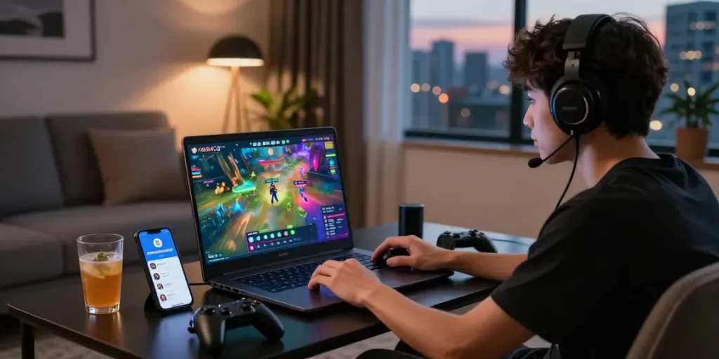 Engaging online gaming scene featuring a user exploring rokok88 alternatif in a modern living room.