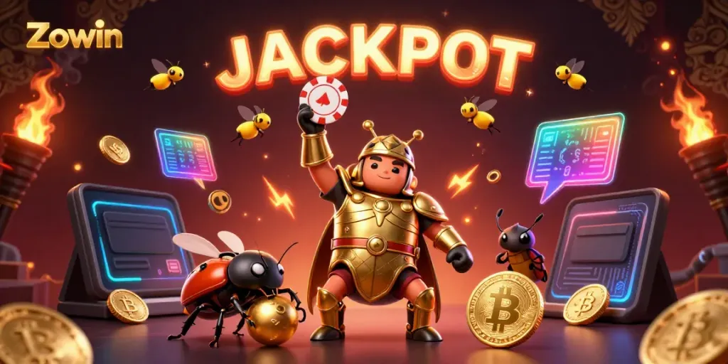 Zowin attracts players with a vibrant 3D illustration of a beetle triumphantly lifting a poker chip, surrounded by glowing coins.