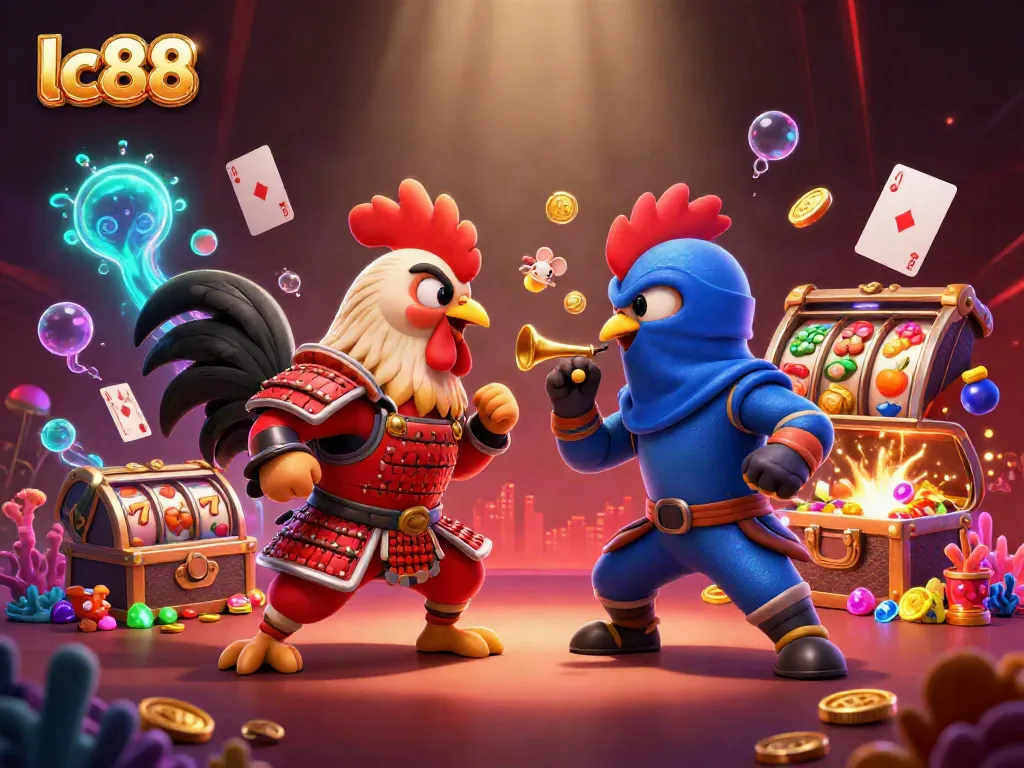 Dynamic lc88 casino showdown with samurai and ninja roosters, vibrant slot reels, and treasure.