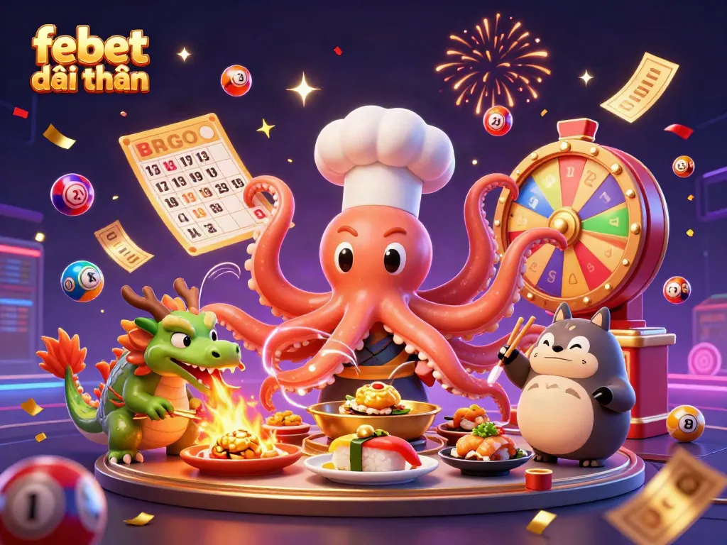 Experience the excitement of febet đổi thưởng with a dynamic 3D illustration featuring unique game elements and characters.