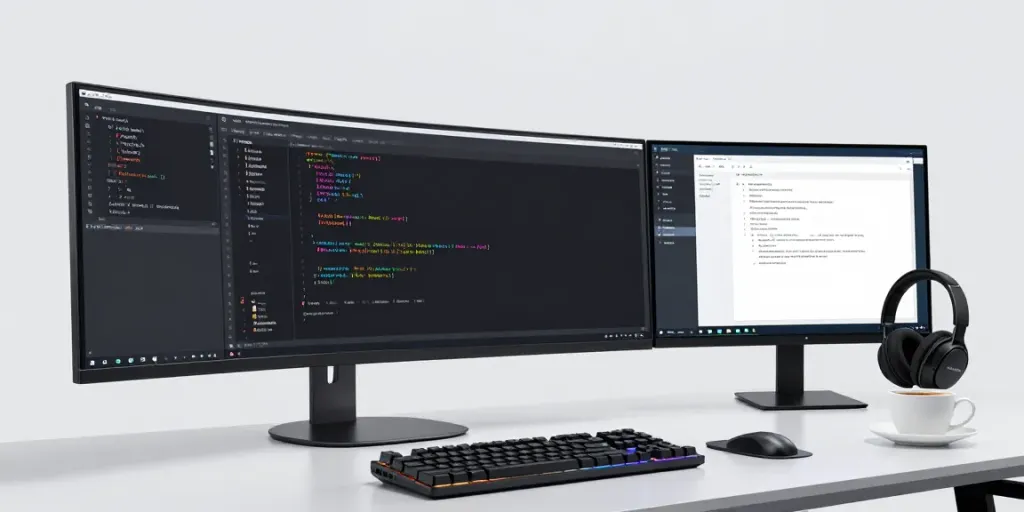 A professional workspace for software development focusing on cheap .co.uk renewal, featuring a dual monitor setup and modern tech.