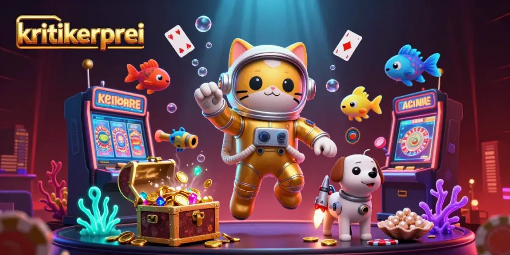 Experience the kritikerpreis in a visually stunning digital casino scene with an astronaut cat and robot dog.