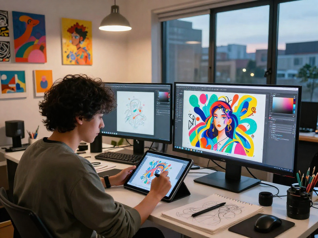 Creative artist generating NSFW AI illustrations in a vibrant digital studio.