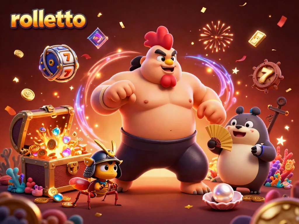 rolletto features a vibrant casino scene with a powerful sumo rooster and a fierce cricket amidst gold coins and gaming elements
