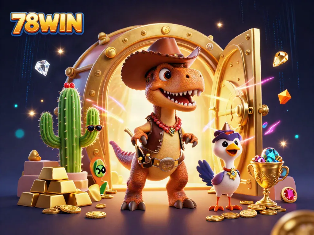 Join the fun at 78WIN with a T-Rex dinosaur and friends celebrating in a glamorous casino setting.