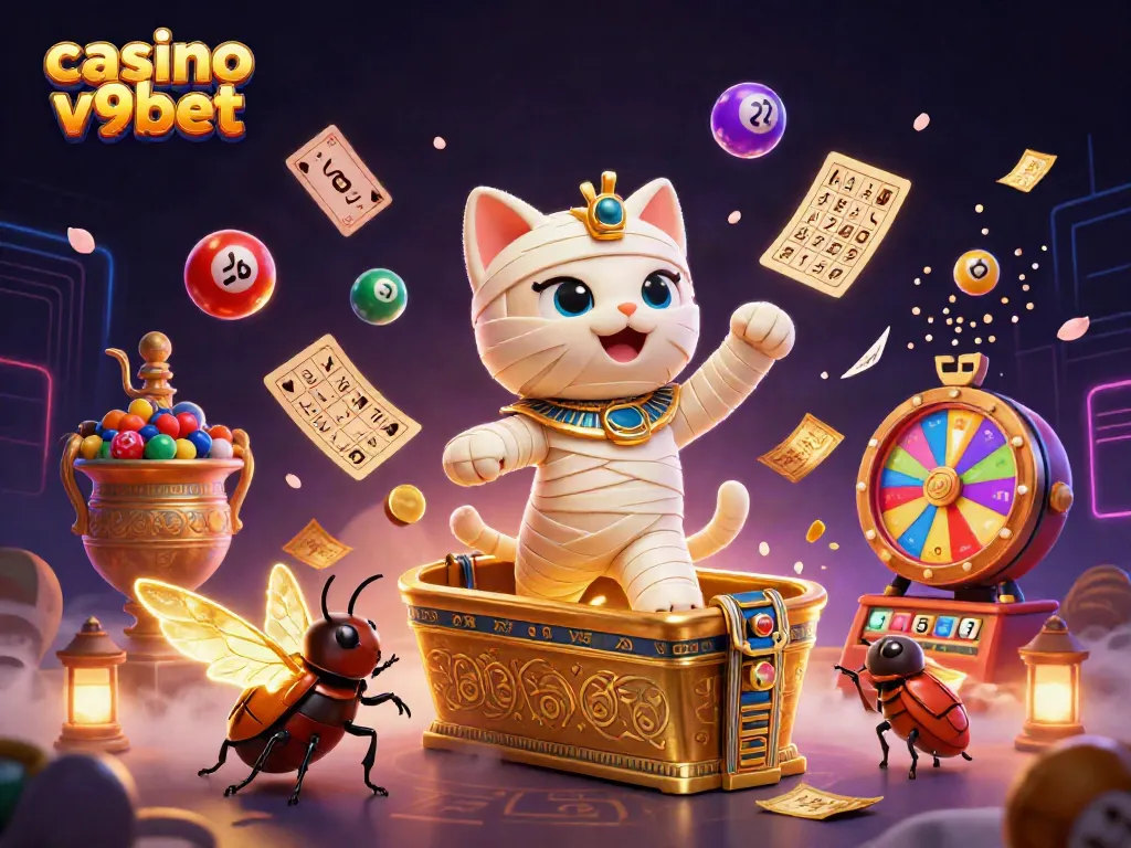 Experience thrilling gameplay at casino v9bet with a vibrant casino scene featuring an Egyptian mummy cat and golden lottery balls.