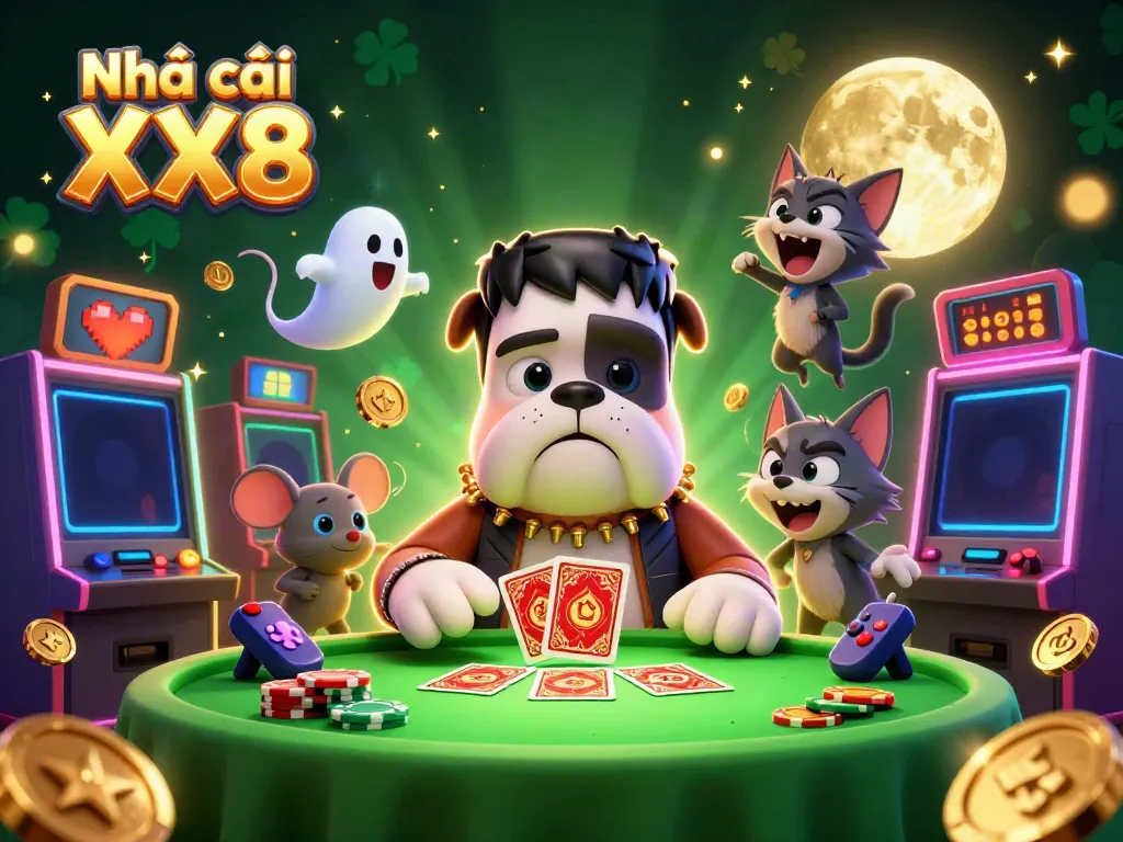 Engage with Nhà cái XX8 as a cartoon bulldog dealer and mystical elements bring the casino to life.