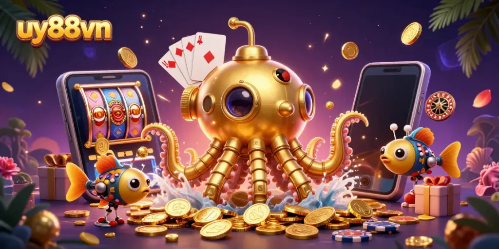 Engage with uy88vn's exciting 3D slot games through dynamic elements and a vibrant casino theme