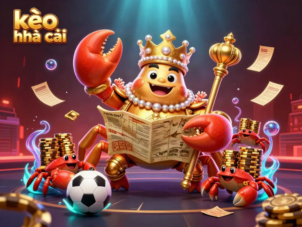 Experience thrilling betting action with kèo nhà cái in this colorful 3D digital illustration featuring a crab emperor and sports elements.