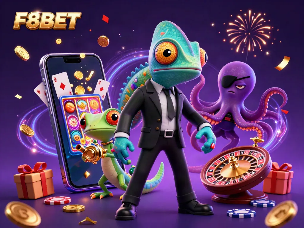 Win big with F8BET's exciting gaming scene featuring vibrant characters and dynamic casino elements.