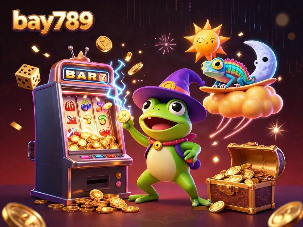 Join the excitement at bay789 with a weather wizard frog, chameleon, and golden slot machine in a vibrant casino illustration.