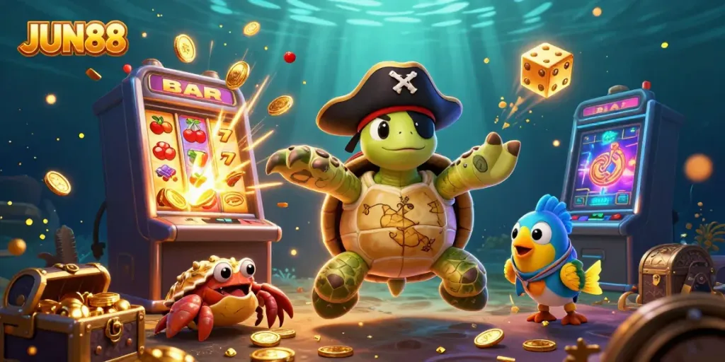 Experience the thrilling excitement at JUN88 with underwater themed casino game elements and colorful characters.