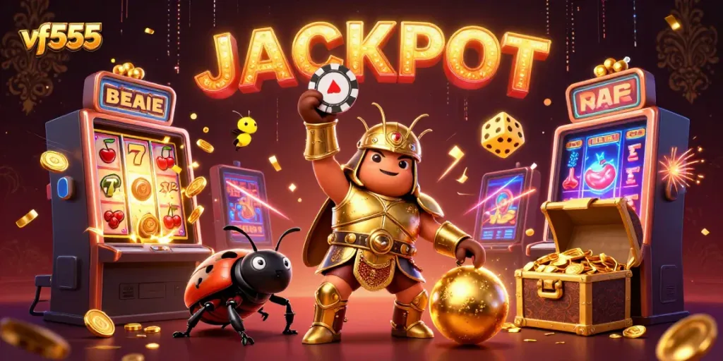 Experience the thrill of vf555 with a victorious beetle championing the jackpot in a vibrant casino scene.