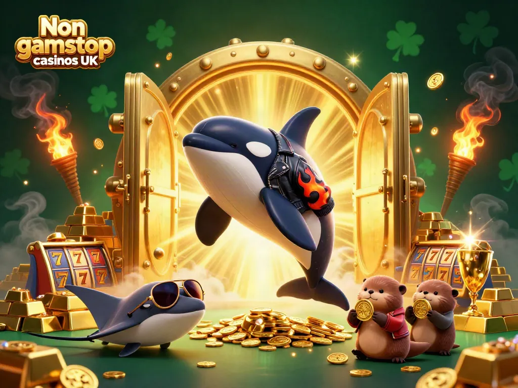 Engage in thrilling wins at Non gamstop casinos UK with playful characters and golden treasures in vibrant 3D illustration.