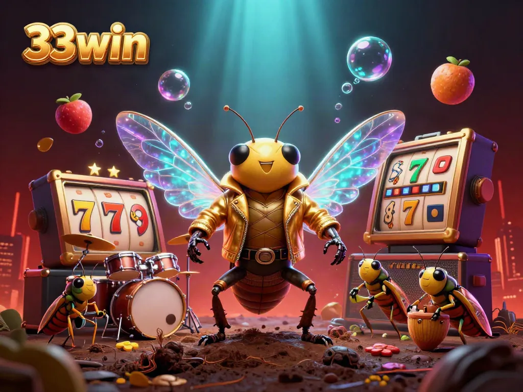 Engage with 33win through a vibrant 3D illustration of a rock star cicada and dynamic gaming elements.