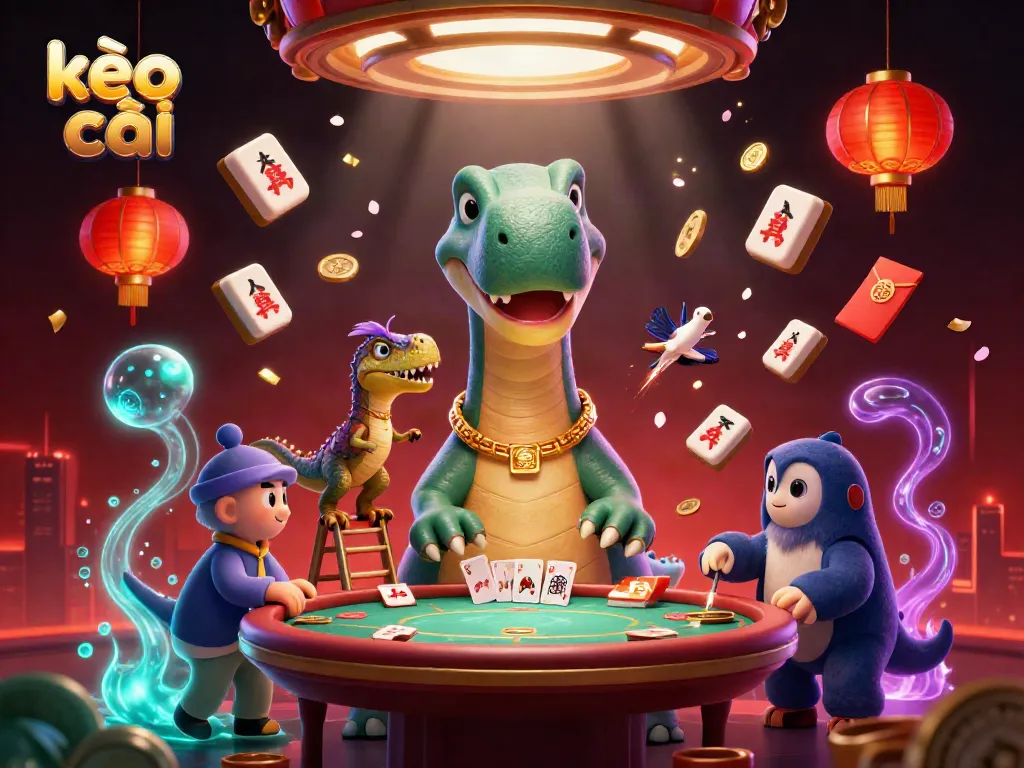 Experience the thrill of kèo nhà cái as a dinosaur oversees a lively casino scene.