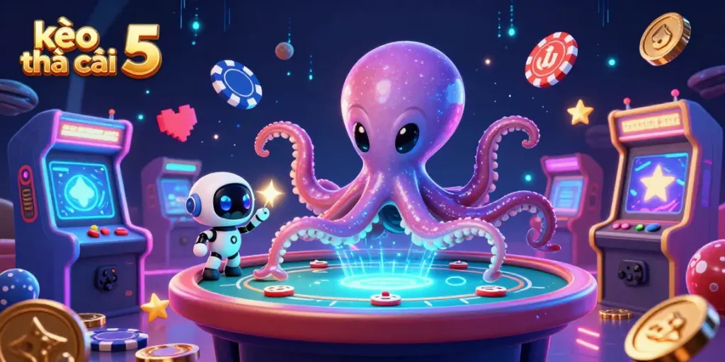 Engage in kèo nhà cái 5 gaming excitement with a cosmic octopus and a robot at a holographic poker table.