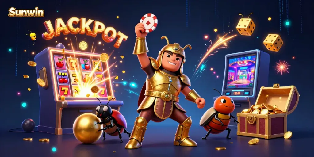 Experience excitement with Sunwin, showcasing a heroic beetle amidst a jackpot explosion in a vibrant casino