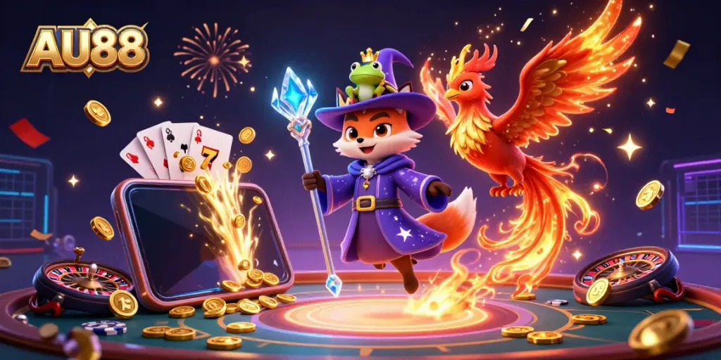Experience thrilling gaming joy at AU88 with a whimsical wizard, phoenix, and enchanted frog in a vibrant casino scene.