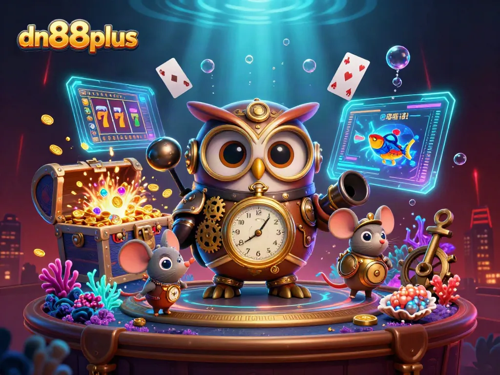 Engage with dn88plus in an energetic casino scene featuring playful characters and dynamic slot elements.