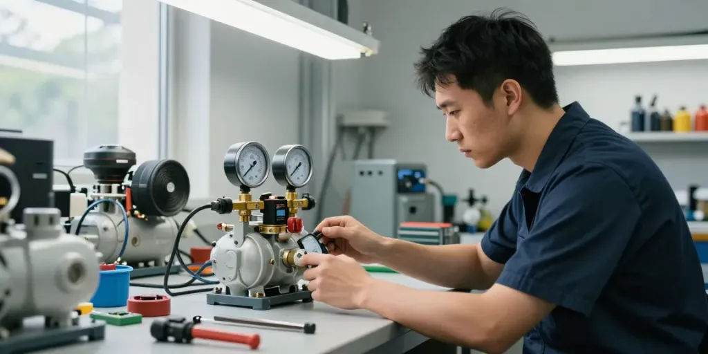 Technician calibrating an air compressor pressure switch in a workshop.