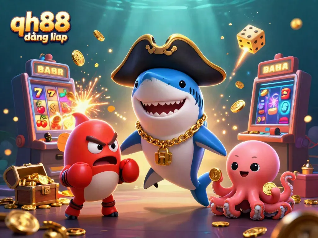 Experience qh88 đăng nhập with an exciting scene of animated characters and casino elements, vibrant and dynamic.