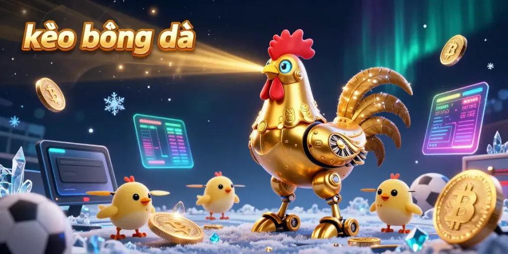 Engage with kèo bóng đá through dynamic sports betting visuals featuring a golden rooster robot and betting symbols.