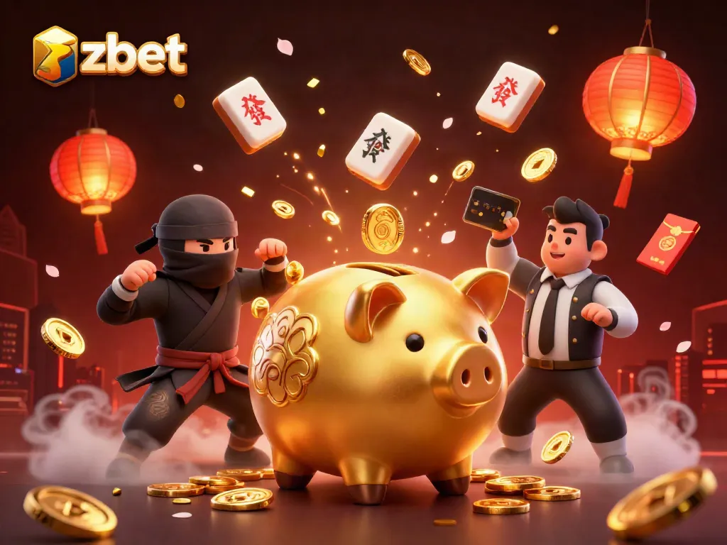 Zbet provides thrilling casino action with a dynamic scene featuring the golden piggy bank and lively gambling elements.