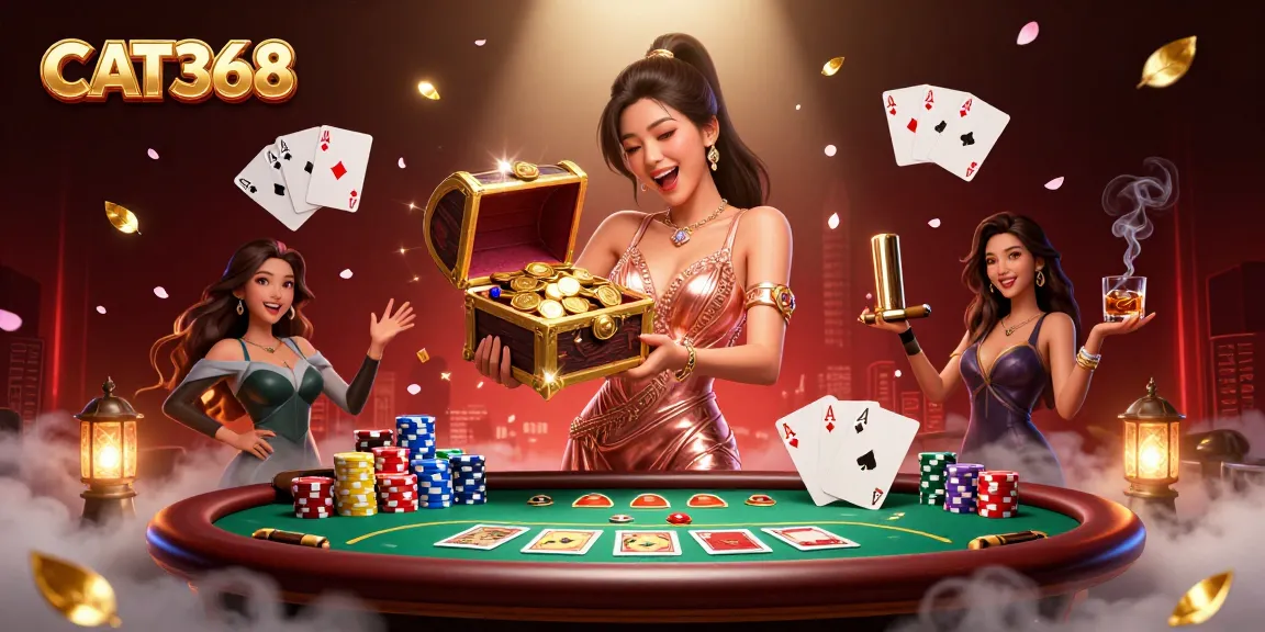 Experience CAT368's vibrant gaming world with a joyful dealer showcasing treasures and poker elements.