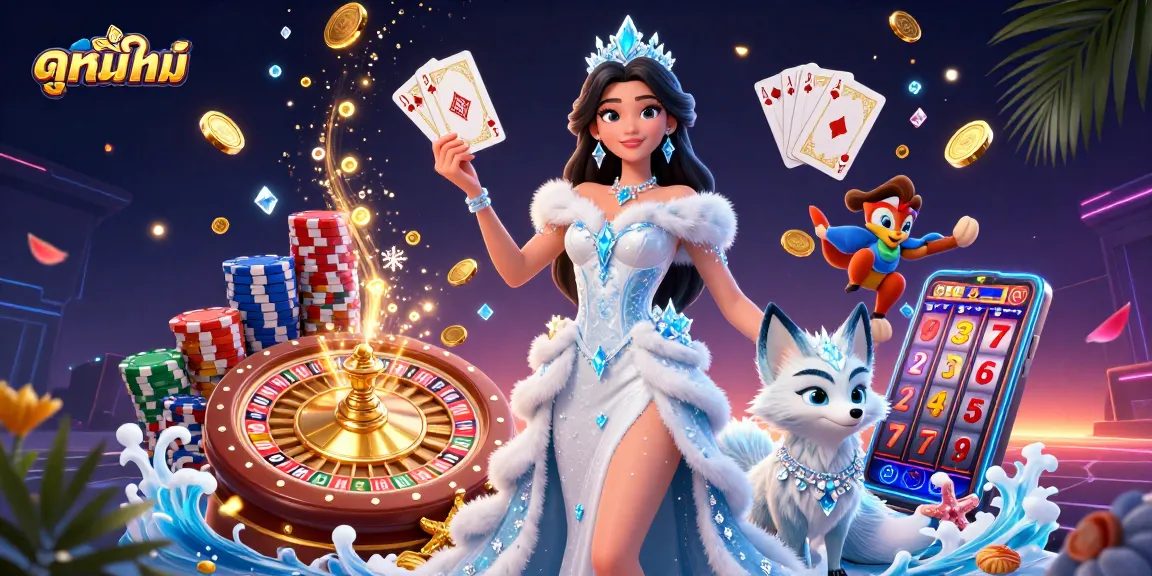 Engage with ดูหนังใหม่ while surrounded by cascading coins, sparkling gems, and vibrant casino gameplay elements.