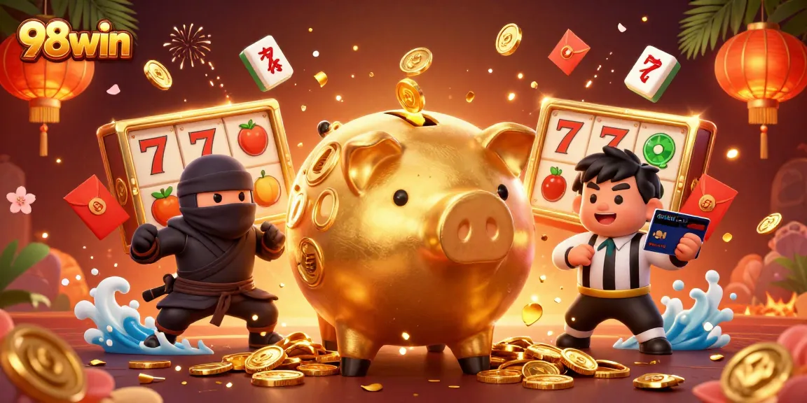 Experience exciting moments with 98win as the golden piggy bank sumo wrestler launches coins in a vibrant casino setting.