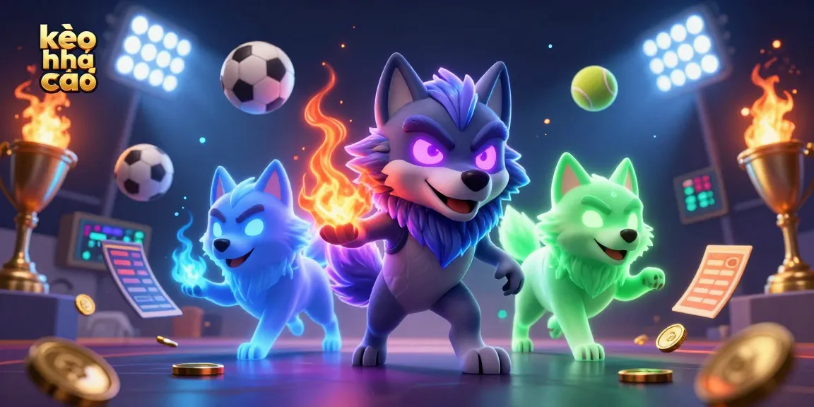 Engage with kèo nhà cái through dynamic sports betting visuals featuring glowing wolf characters and vibrant betting elements.