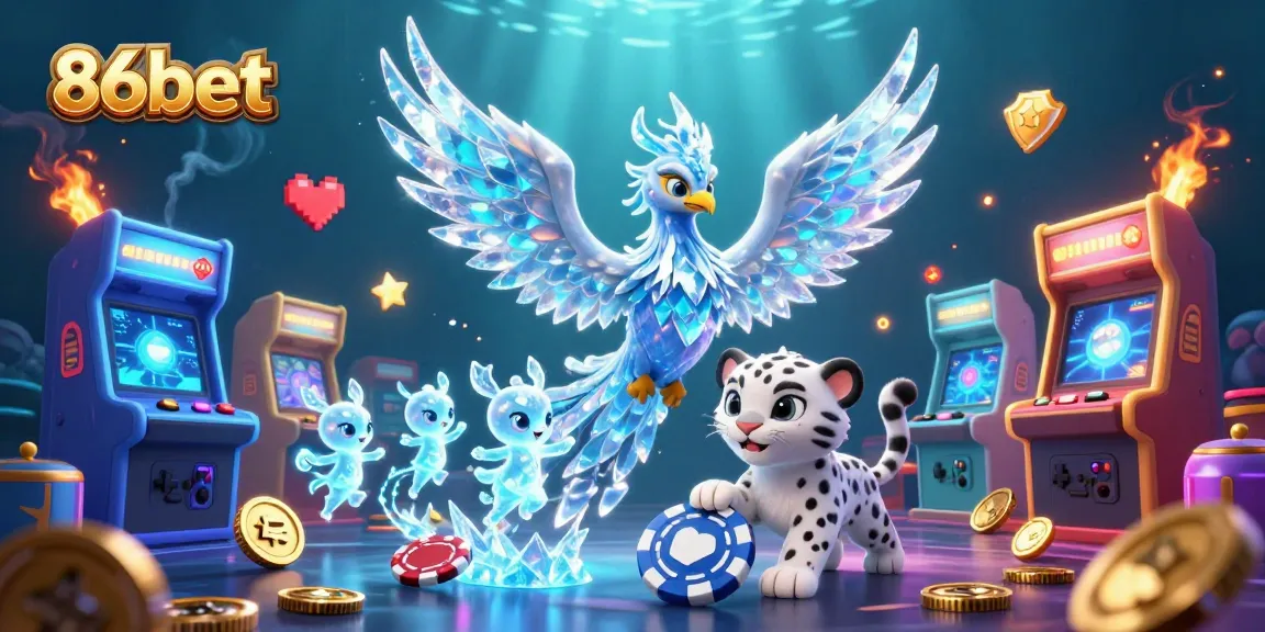 Engage with 86bet's vibrant gaming world as the ice phoenix scatters lights over glowing arcade games and playful creatures.