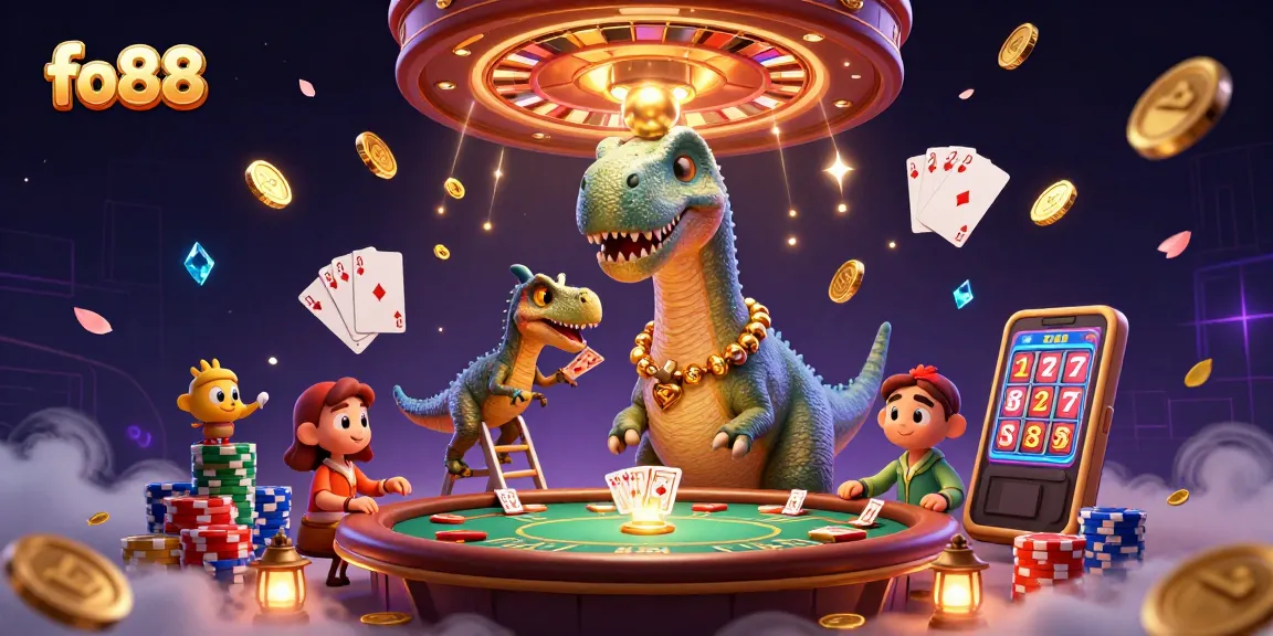 Experience thrill with fo88, as a towering brontosaurus oversees the lively casino game scene.