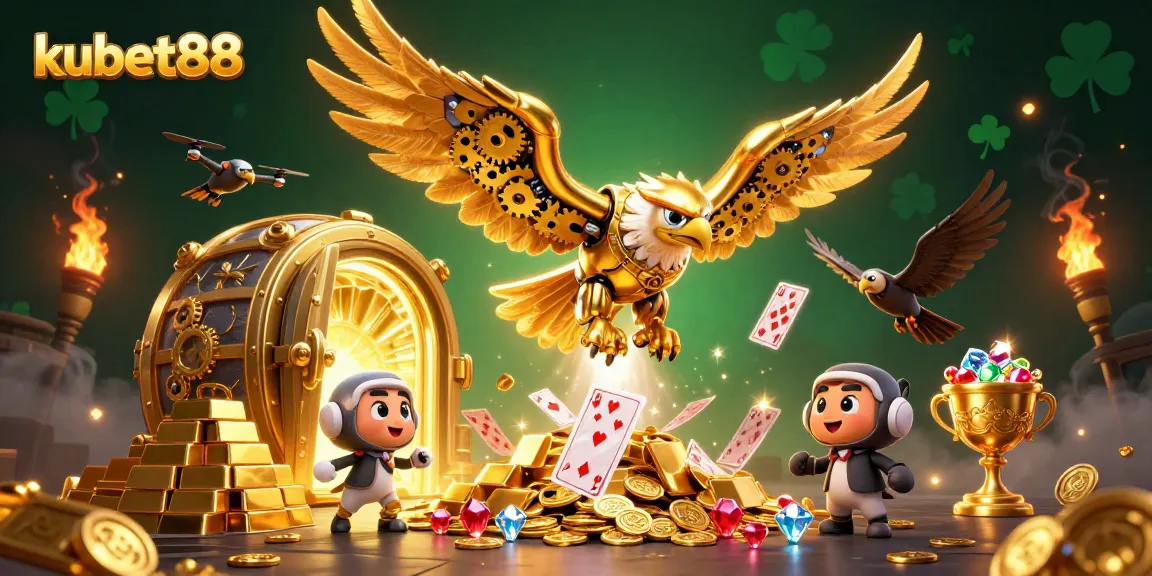 Kubet88 showcases a vibrant gambling scene with a cybernetic eagle diving amidst dazzling casino treasures.