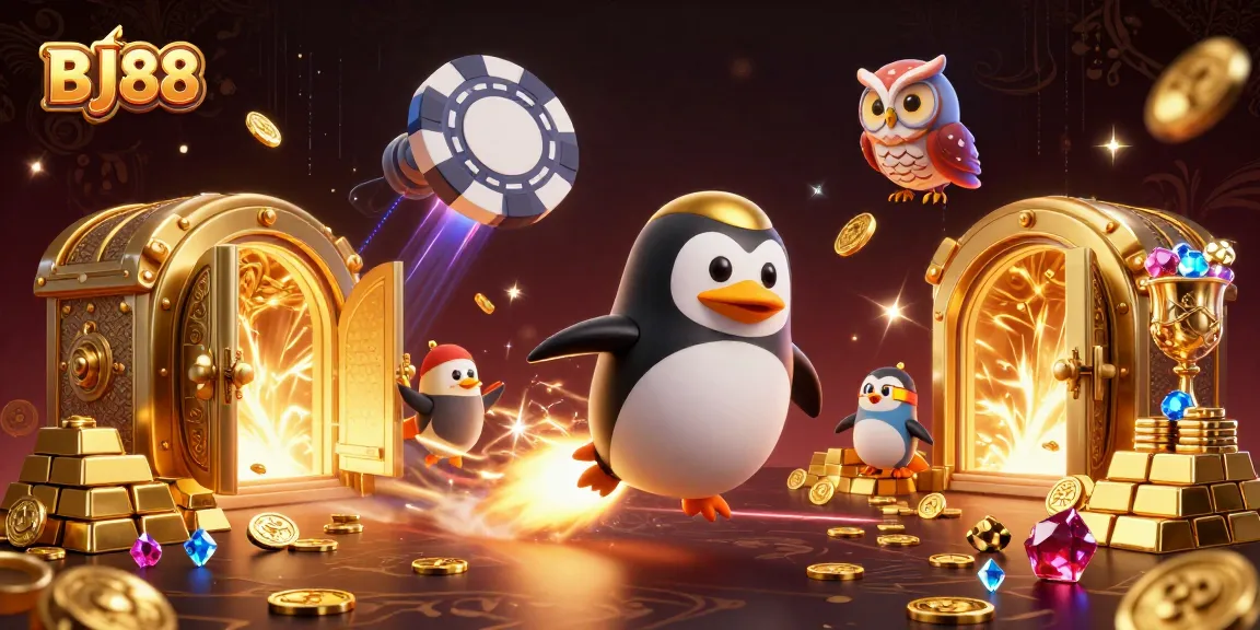BJ88’s rocket-powered golden penguin launching towards a vibrant casino space station filled with treasures.
