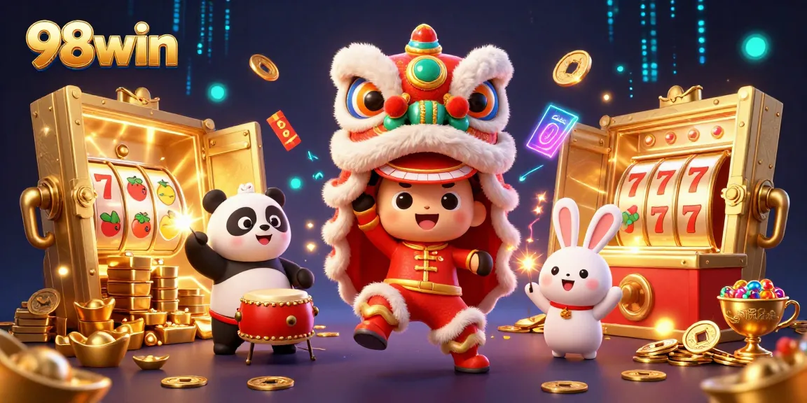 Engage in winning strategies at 98win with vibrant casino-themed characters and treasure elements.