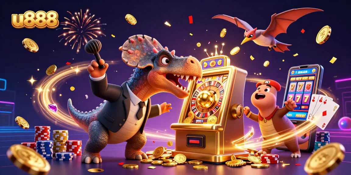 Experience thrilling u888 gaming action with dinosaur characters at a cartoon casino.